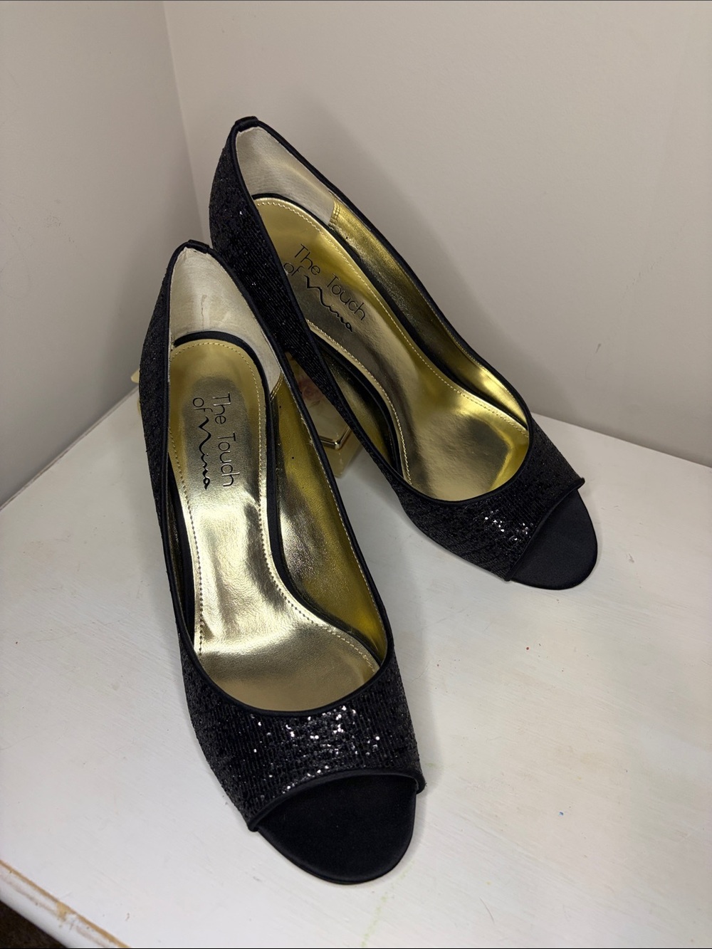 Touch of Nina Black Sequin Peep-Toe Heels